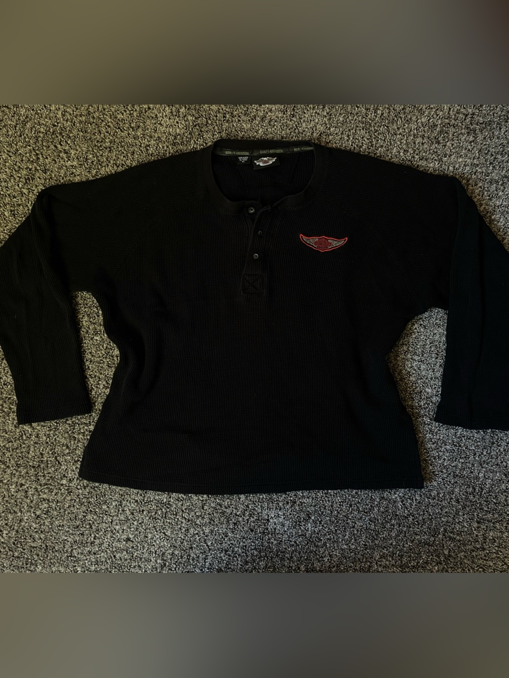 Harley-Davidson Black Long Sleeve Waffle-Knit Henley with Red Patch